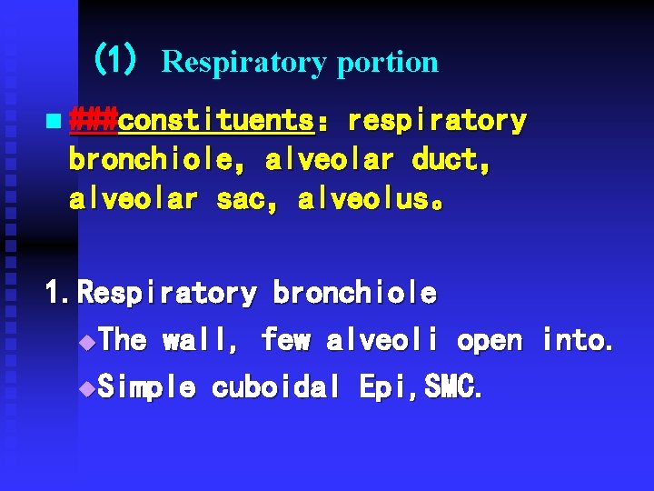 (1) Respiratory portion n ###constituents:respiratory bronchiole,alveolar duct, alveolar sac,alveolus。 1. Respiratory bronchiole u The (1) Respiratory portion n ###constituents:respiratory bronchiole,alveolar duct, alveolar sac,alveolus。 1. Respiratory bronchiole u The