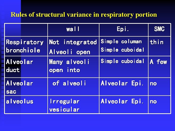 Rules of structural variance in respiratory portion wall Epi. SMC Respiratory Not integrated bronchiole