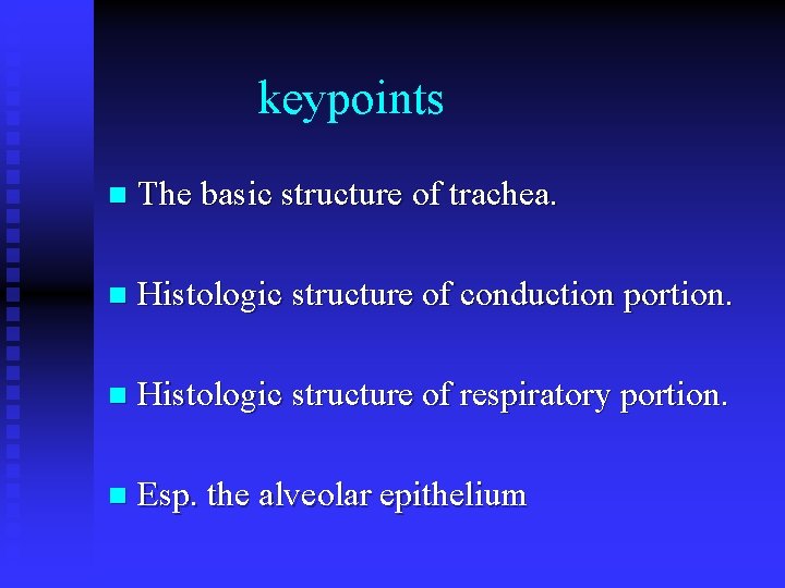 keypoints n The basic structure of trachea. n Histologic structure of conduction portion. n keypoints n The basic structure of trachea. n Histologic structure of conduction portion. n