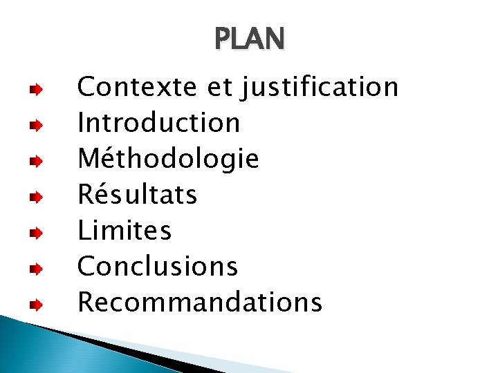 PLAN Contexte et justification Introduction Méthodologie Résultats Limites Conclusions Recommandations 