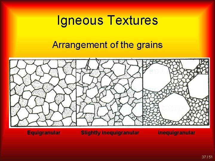 Igneous Textures Arrangement of the grains Equigranular Slightly inequigranular 37 / 51 