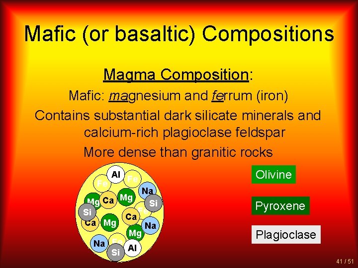 Mafic (or basaltic) Compositions Magma Composition: Mafic: magnesium and ferrum (iron) Contains substantial dark