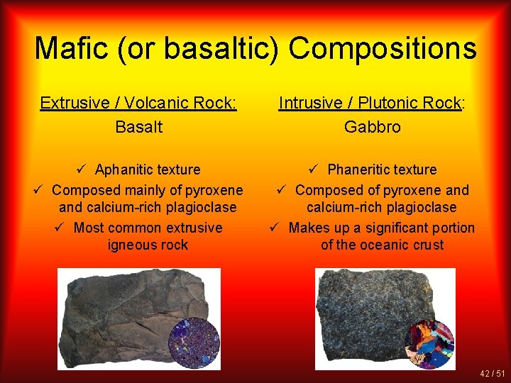 Mafic (or basaltic) Compositions Extrusive / Volcanic Rock: Basalt Intrusive / Plutonic Rock: Gabbro