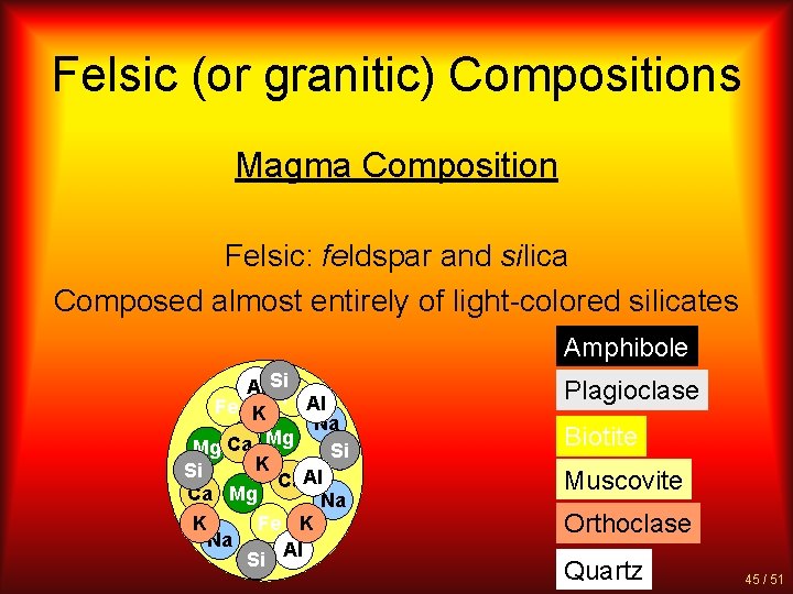 Felsic (or granitic) Compositions Magma Composition Felsic: feldspar and silica Composed almost entirely of