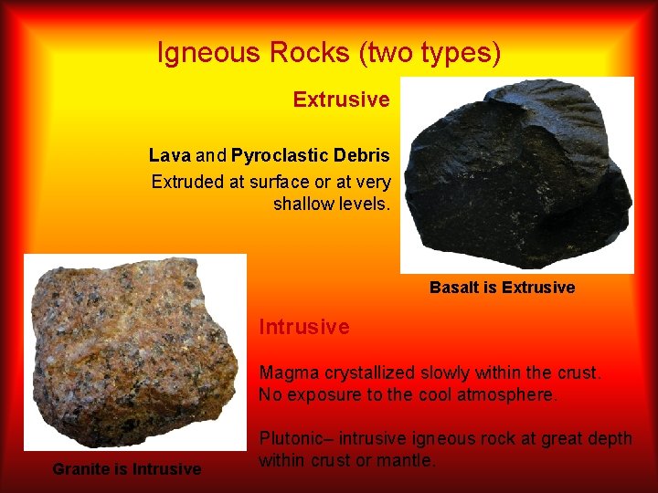 Igneous Rocks (two types) Extrusive Lava and Pyroclastic Debris Extruded at surface or at