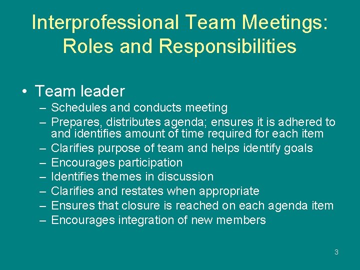 Roles and responsibilities of interprofessional team members