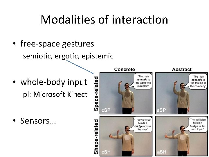 Modalities of interaction • free-space gestures semiotic, ergotic, epistemic • whole-body input pl: Microsoft