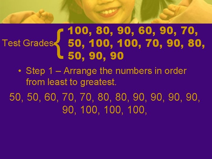 { Test Grades 100, 80, 90, 60, 90, 70, 50, 100, 70, 90, 80, { Test Grades 100, 80, 90, 60, 90, 70, 50, 100, 70, 90, 80,
