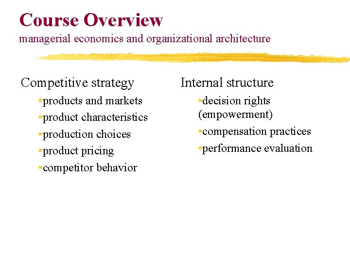 Course Overview managerial economics and organizational architecture Competitive strategy • products and markets •