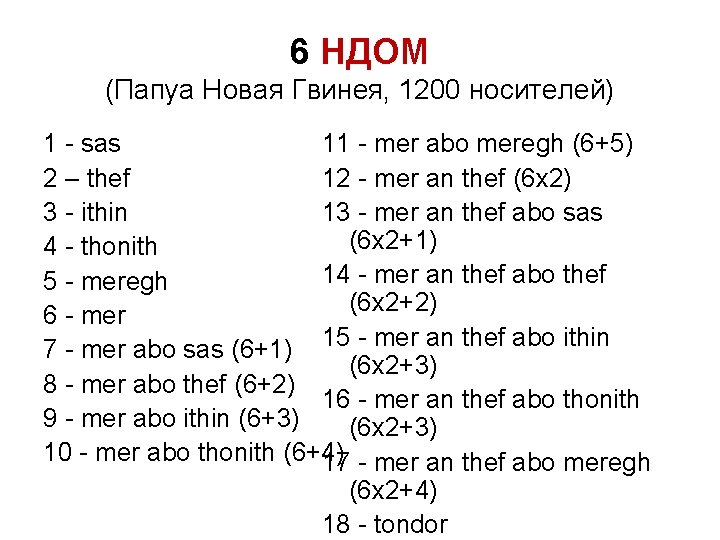 6 НДОМ (Папуа Новая Гвинея, 1200 носителей) 1 - sas 11 - mer abo