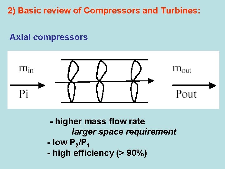 2) Basic review of Compressors and Turbines: Axial compressors - higher mass flow rate