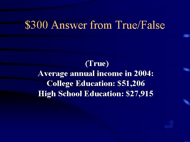 $300 Answer from True/False (True) Average annual income in 2004: College Education: $51, 206
