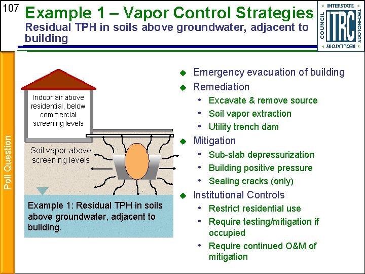 107 Example 1 – Vapor Control Strategies Residual TPH in soils above groundwater, adjacent