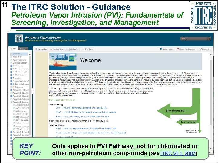 11 The ITRC Solution - Guidance Petroleum Vapor Intrusion (PVI): Fundamentals of Screening, Investigation,