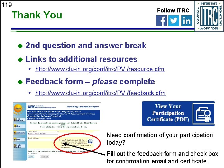 119 Follow ITRC Thank You 2 nd question and answer break Links to additional