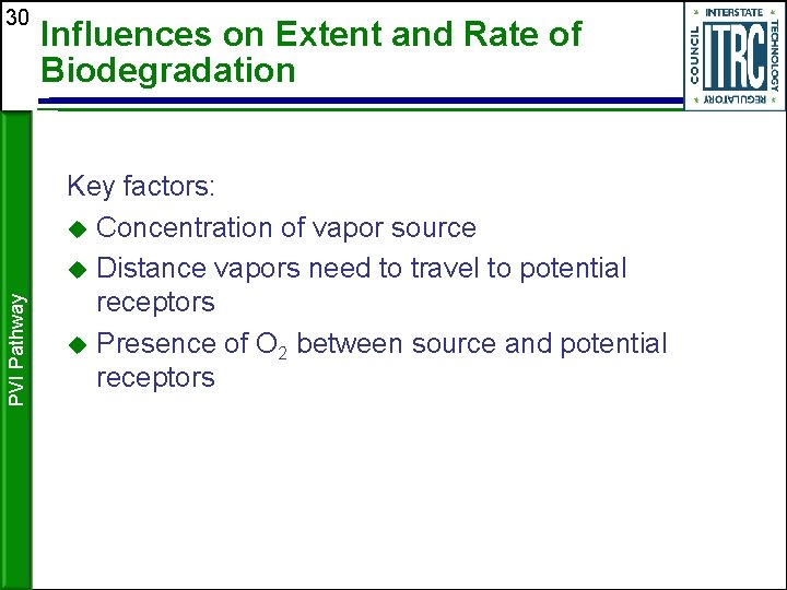 PVI Pathway 30 Influences on Extent and Rate of Biodegradation Key factors: Concentration of