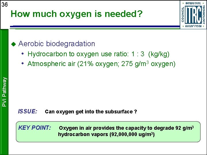 36 How much oxygen is needed? Aerobic biodegradation PVI Pathway • Hydrocarbon to oxygen