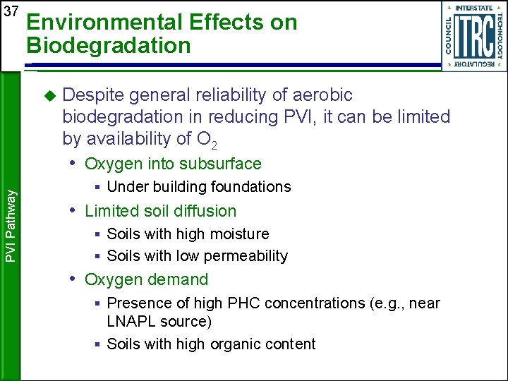 37 Environmental Effects on Biodegradation Despite general reliability of aerobic biodegradation in reducing PVI,