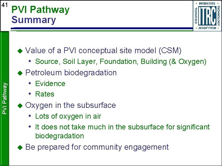 41 PVI Pathway Summary Value of a PVI conceptual site model (CSM) • Source,