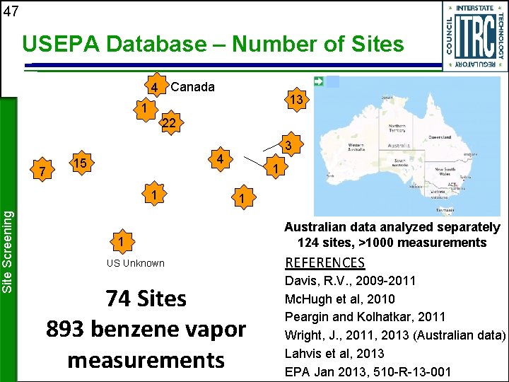 Site Screening 47 USEPA Database – Number of Sites 4 Canada 13 1 22