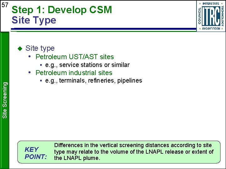 57 Step 1: Develop CSM Site Type Site type • Petroleum UST/AST sites §