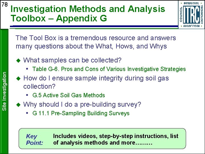 78 Investigation Methods and Analysis Toolbox – Appendix G The Tool Box is a