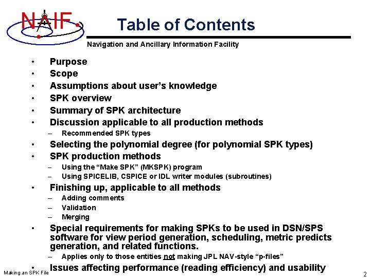 N IF Table of Contents Navigation and Ancillary Information Facility • • • Purpose N IF Table of Contents Navigation and Ancillary Information Facility • • • Purpose