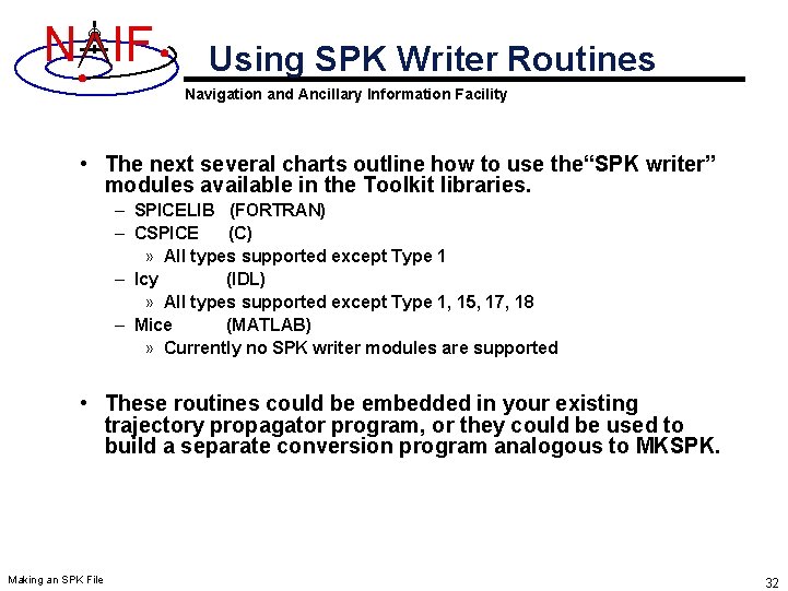 N IF Using SPK Writer Routines Navigation and Ancillary Information Facility • The next N IF Using SPK Writer Routines Navigation and Ancillary Information Facility • The next