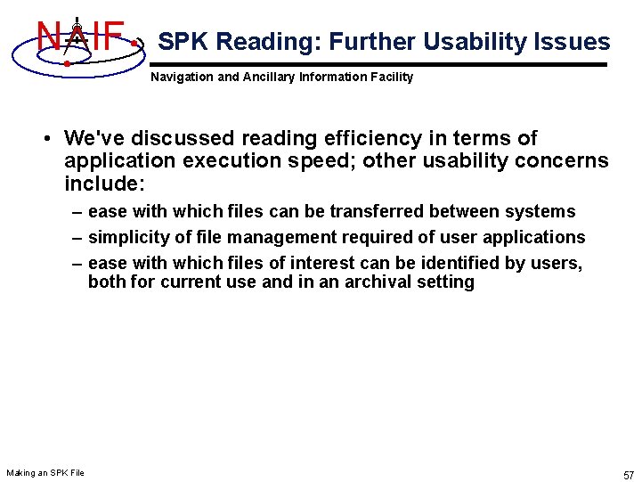 N IF SPK Reading: Further Usability Issues Navigation and Ancillary Information Facility • We've N IF SPK Reading: Further Usability Issues Navigation and Ancillary Information Facility • We've