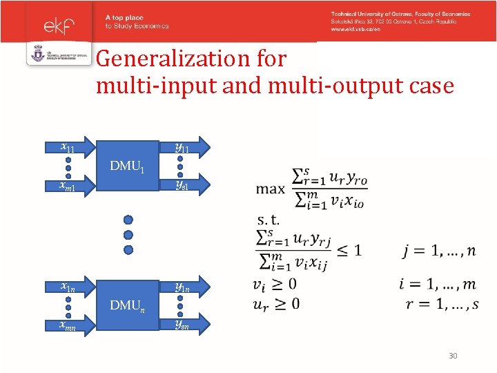 Generalization for multi-input and multi-output case x 11 xm 1 y 11 DMU 1