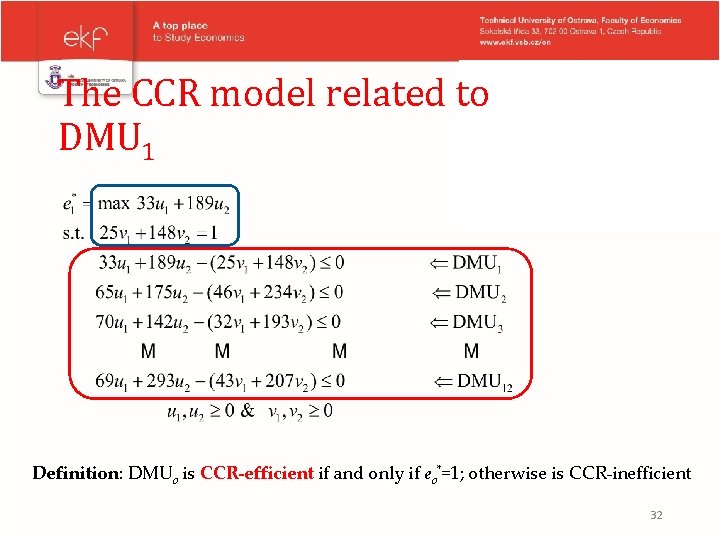 The CCR model related to DMU 1 Definition: DMUo is CCR-efficient if and only