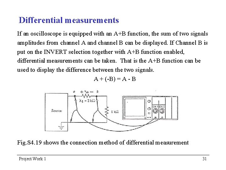Differential measurements If an oscilloscope is equipped with an A+B function, the sum of