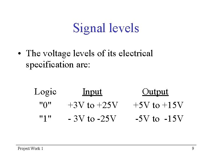 Signal levels • The voltage levels of its electrical specification are: Logic "0" "1"