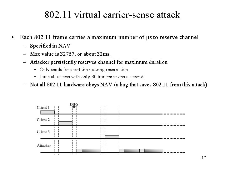 802. 11 virtual carrier-sense attack • Each 802. 11 frame carries a maximum number