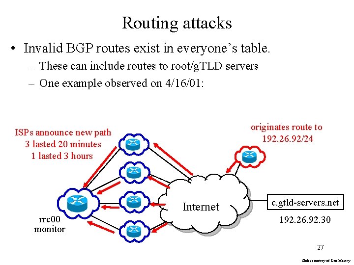 Routing attacks • Invalid BGP routes exist in everyone’s table. – These can include