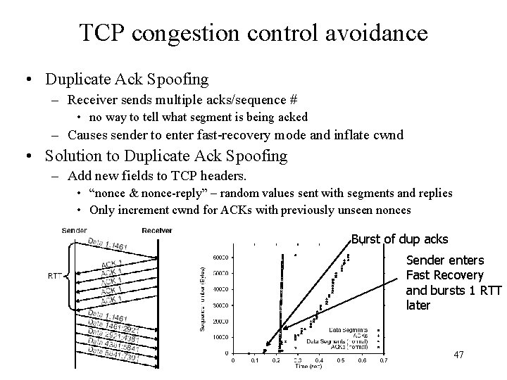 TCP congestion control avoidance • Duplicate Ack Spoofing – Receiver sends multiple acks/sequence #