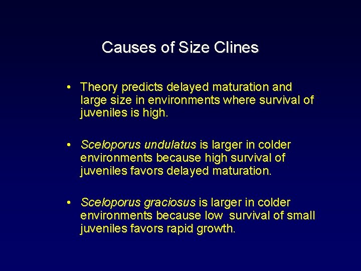 Causes of Size Clines • Theory predicts delayed maturation and large size in environments