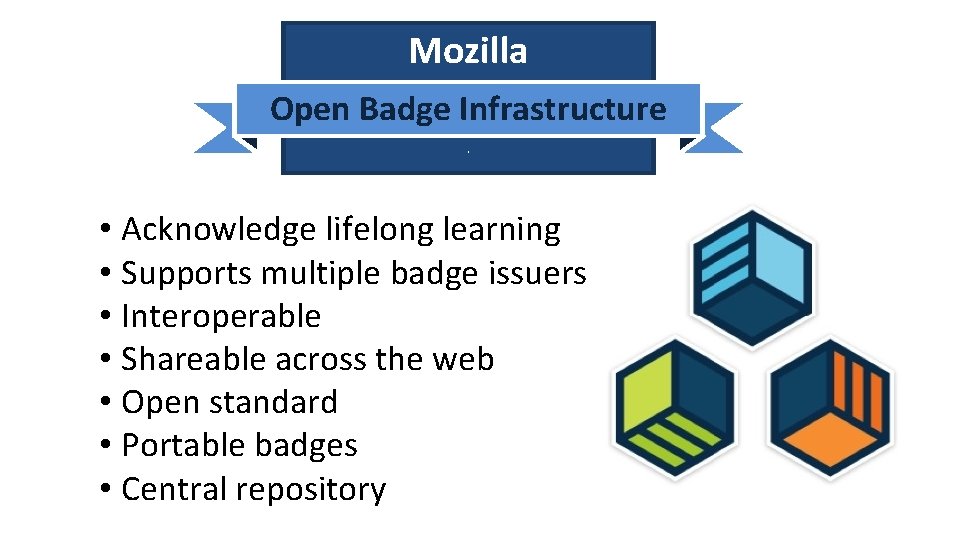 Mozilla Open Badge Infrastructure. • Acknowledge lifelong learning • Supports multiple badge issuers •