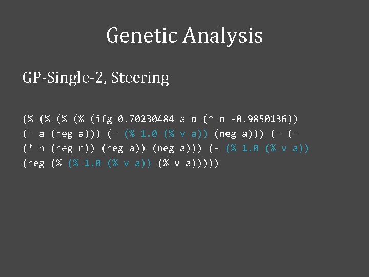 Genetic Analysis GP-Single-2, Steering (% (% (ifg 0. 70230484 a α (* n -0.