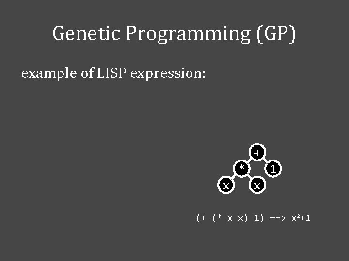 Genetic Programming (GP) example of LISP expression: + * x 1 x (+ (*