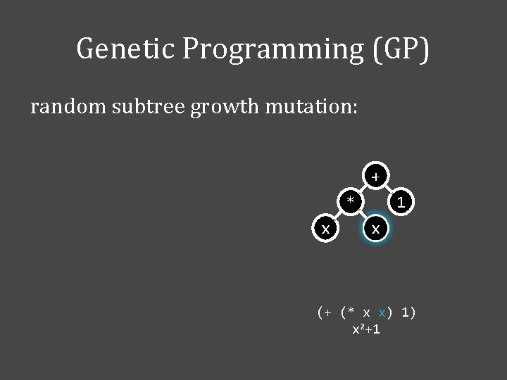 Genetic Programming (GP) random subtree growth mutation: + * x 1 x (+ (*