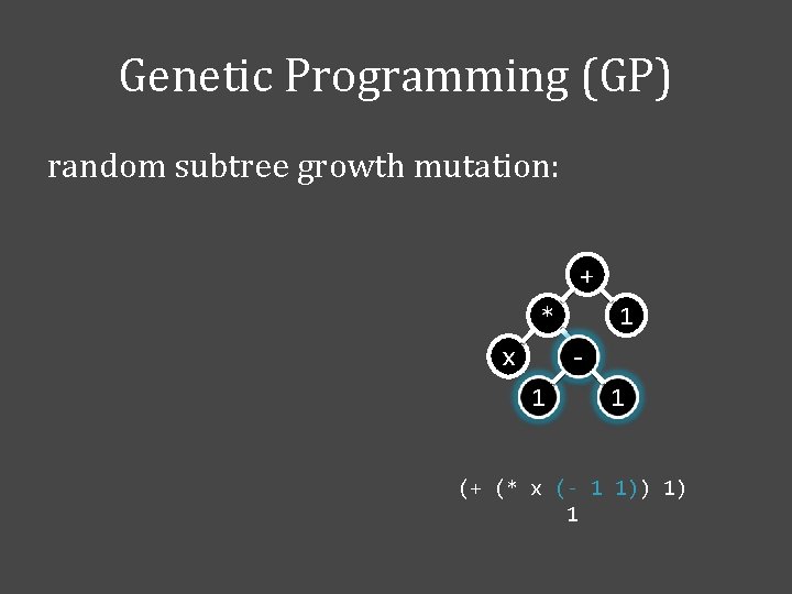 Genetic Programming (GP) random subtree growth mutation: + * x 1 - 1 1
