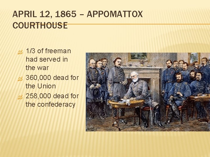 APRIL 12, 1865 – APPOMATTOX COURTHOUSE 1/3 of freeman had served in the war