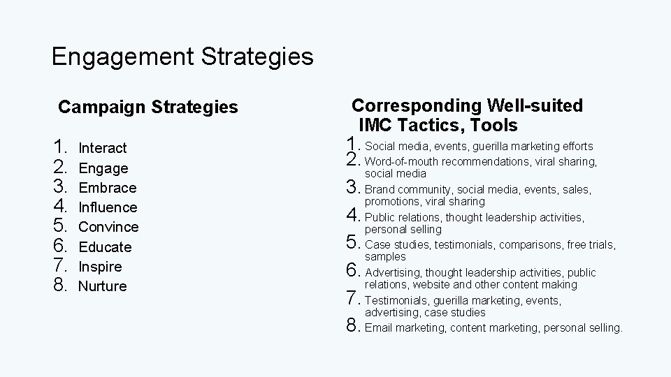 Engagement Strategies Campaign Strategies 1. 2. 3. 4. 5. 6. 7. 8. Interact Engage