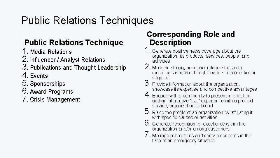 Public Relations Techniques Public Relations Technique 1. Media Relations 2. Influencer / Analyst Relations