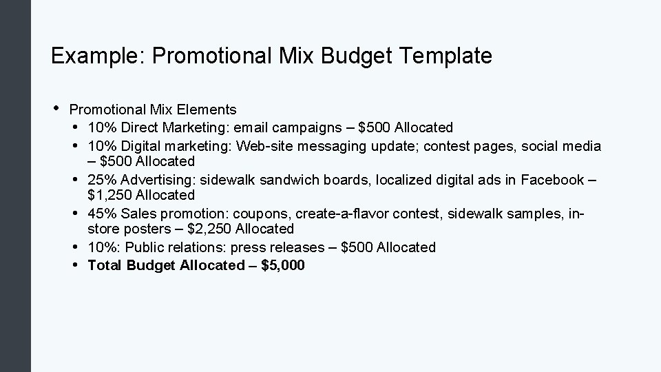 Example: Promotional Mix Budget Template • Promotional Mix Elements • 10% Direct Marketing: email