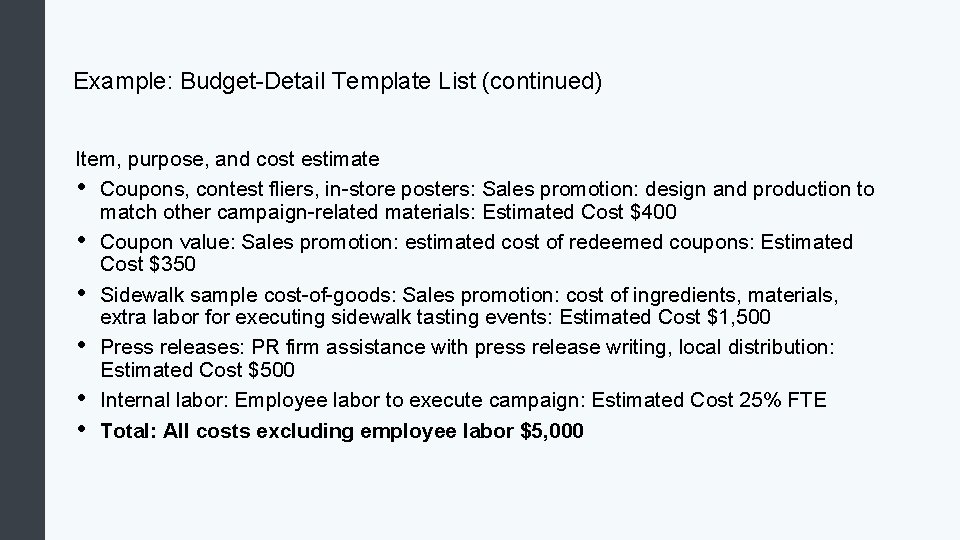 Example: Budget-Detail Template List (continued) Item, purpose, and cost estimate • Coupons, contest fliers,