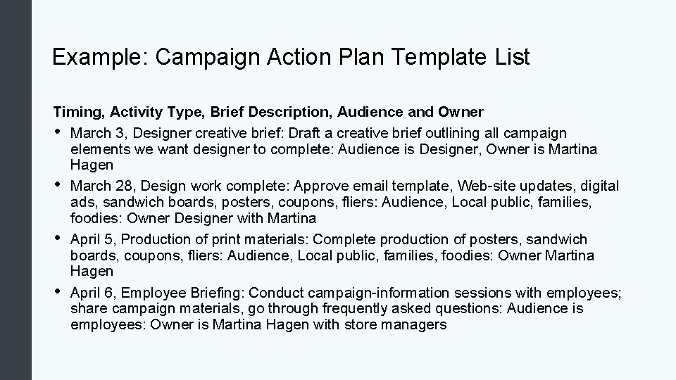 Example: Campaign Action Plan Template List Timing, Activity Type, Brief Description, Audience and Owner