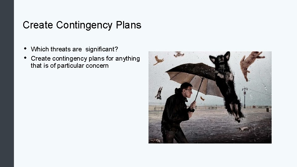 Create Contingency Plans • • Which threats are significant? Create contingency plans for anything