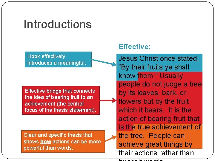 Introductions Effective: Hook effectively introduces a meaningful, relevant quote. Effective bridge that connects the